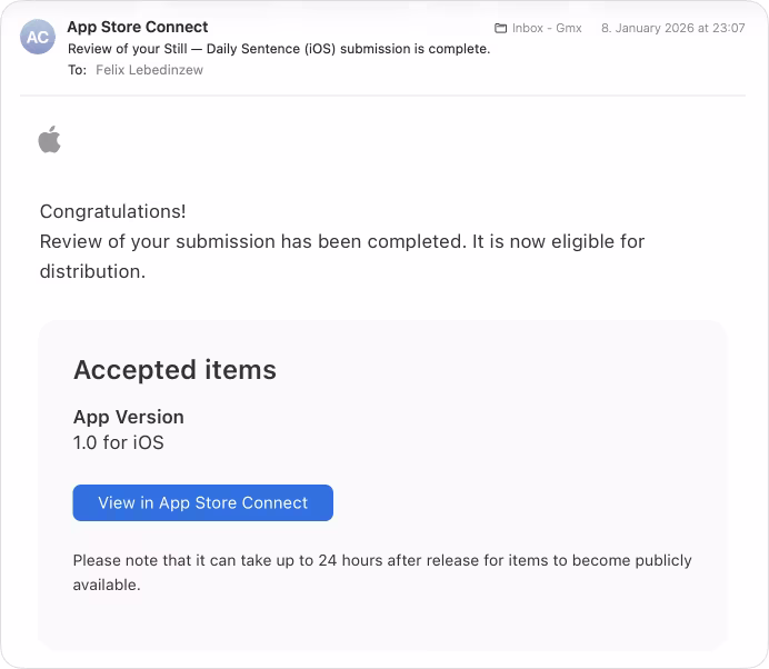 App Store Connect email confirming the Still review is complete