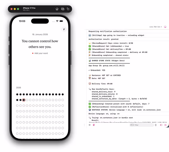 Still app on iPhone with the daily sentence view and a test log