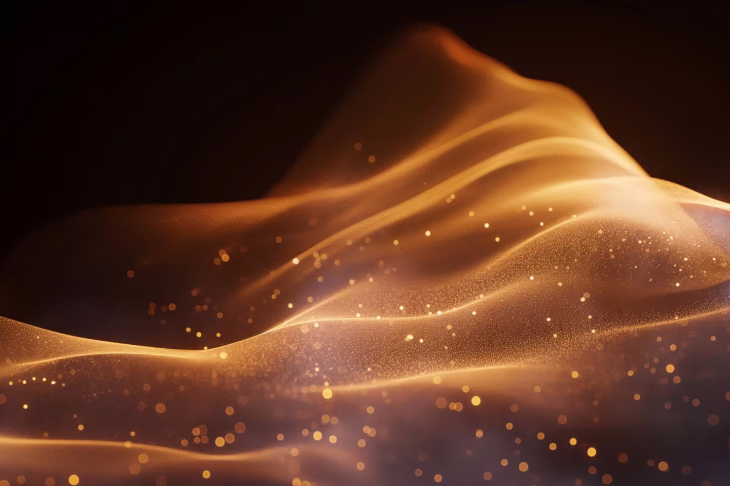 Golden waves of light and particles on a dark background