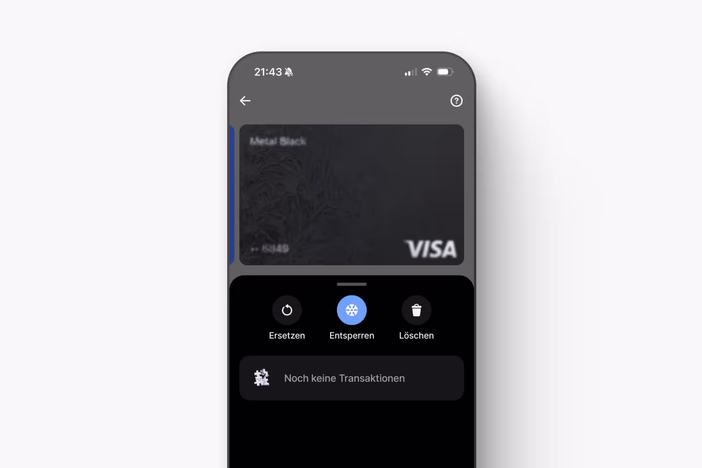 Banking app screen with a frozen Visa card and card controls