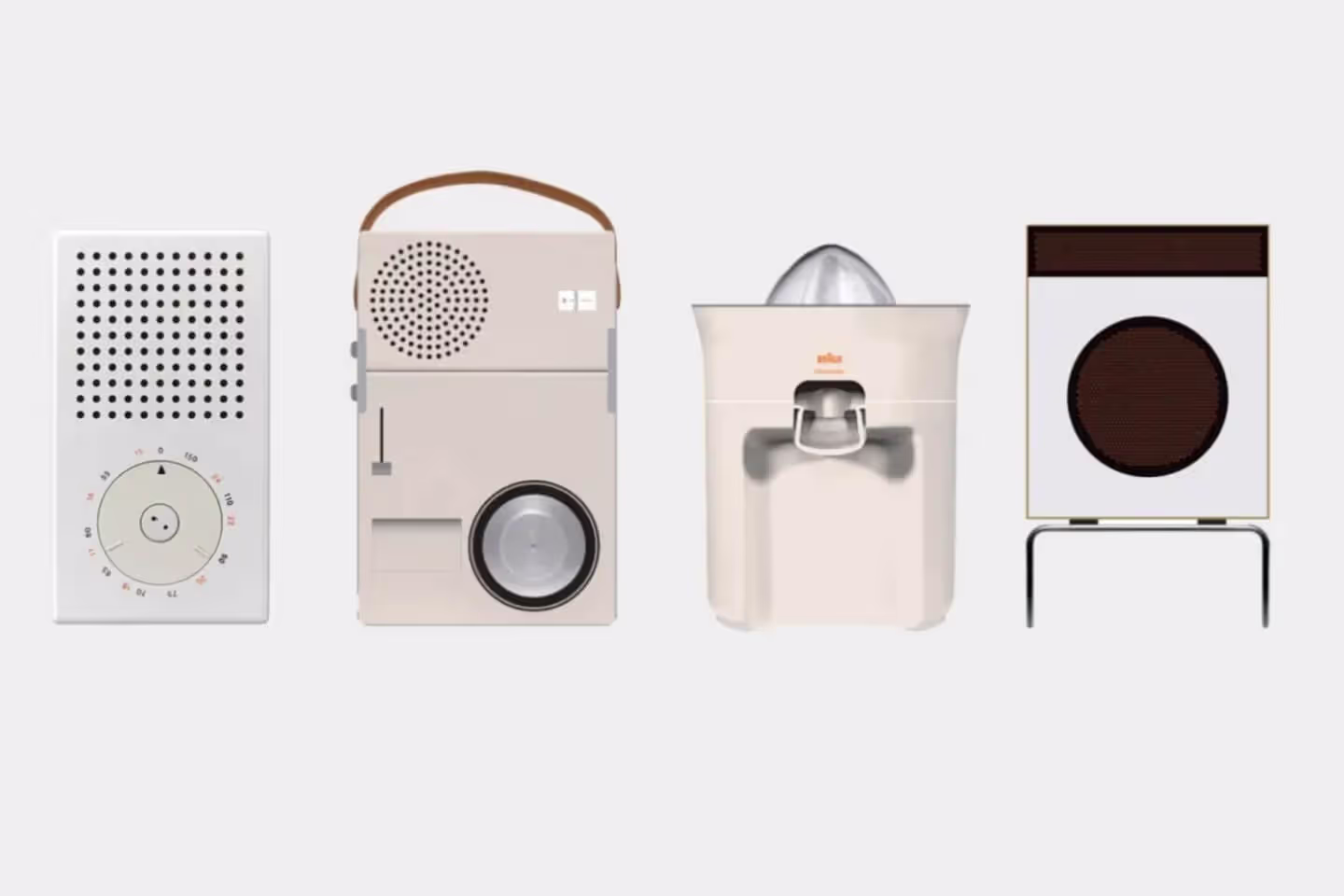 Braun designs by Dieter Rams: radio, speaker, juicer and clock
