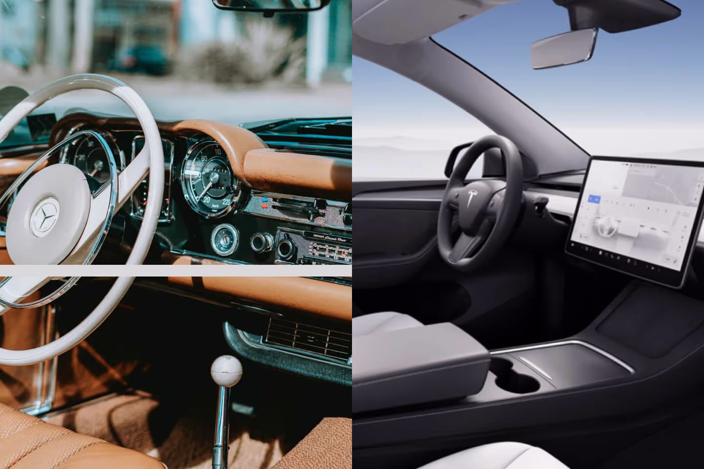 Two car interiors compared: classic wood and leather versus a minimal screen dashboard