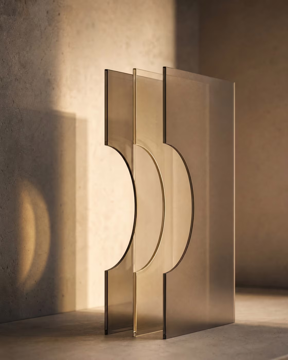 Layered frosted glass panels with round cut-outs in warm light