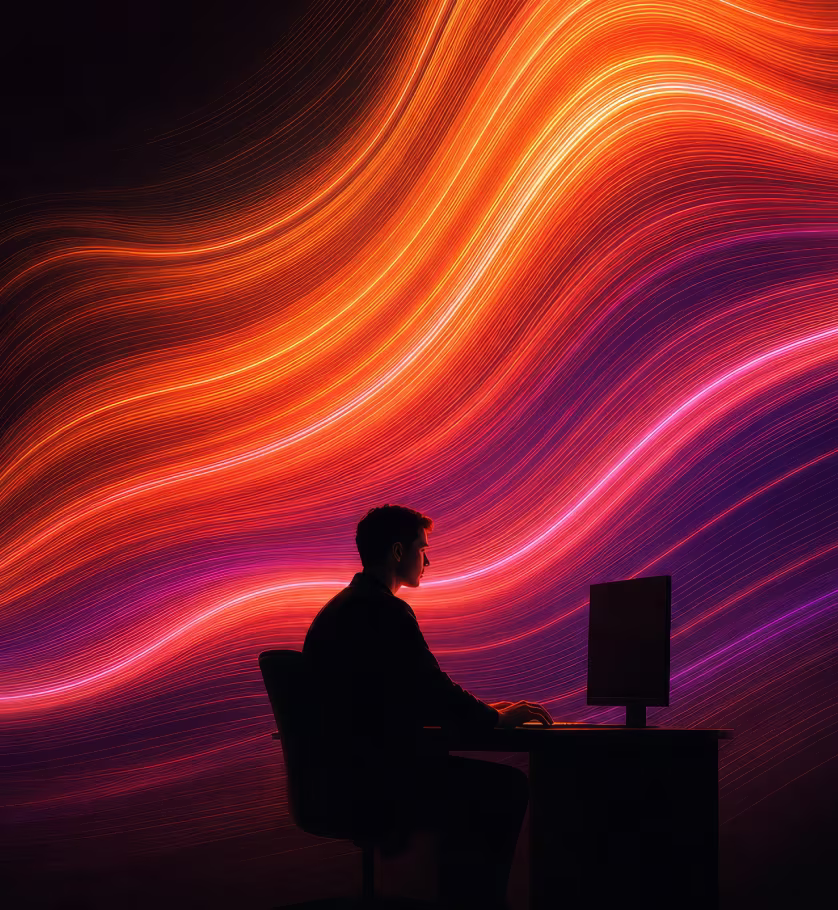 Person at a desk in front of flowing orange light trails