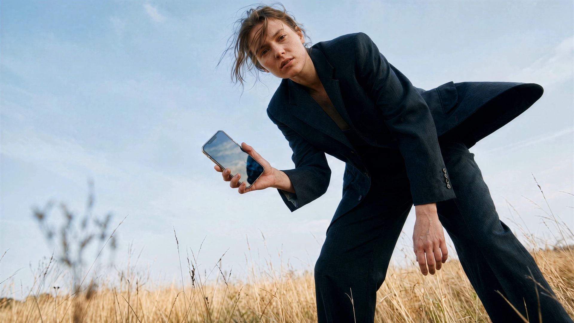 A person in a dark suit leaning forward in a meadow, holding up a phone